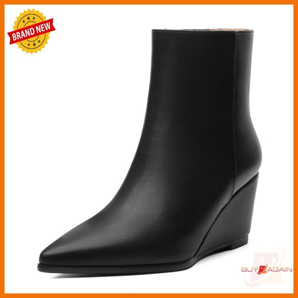 Wedge Ankle Boots Pointed Toe 2.5 Inch Heel Side Zipper Comfortable